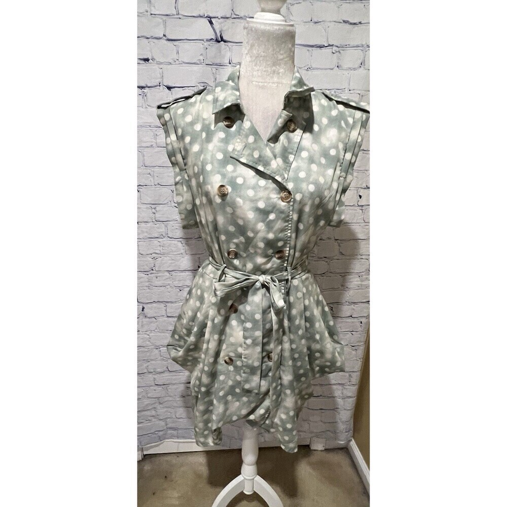 Lumiere Polka Dot Belted Mint Green Button Down Dress Derby Style Large
